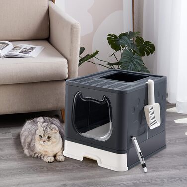 Складаний туалет для котів Suhaco з кришкою, великий, з совком і 2-в-1 щіткою для прибирання, сірий