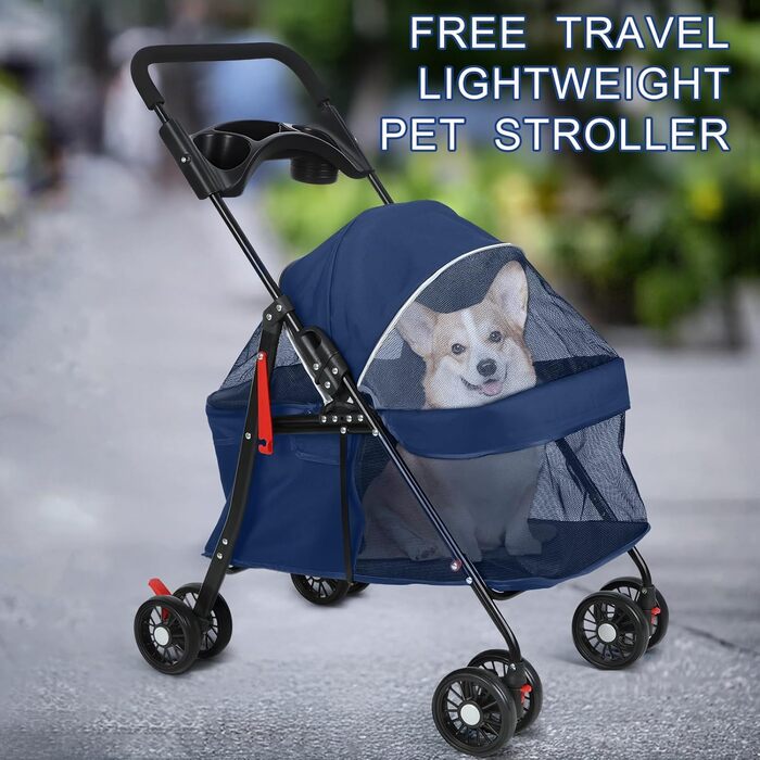 Дитяча коляска для собак та котів з підсклянником, складана коляска для собак, цуценят та середніх собак, переноска для маленьких тварин, дихаюча сітка, блакитна