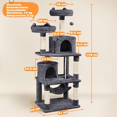 Великий котячий дряпак Yaheetech XL, 158 см, з 2 будиночками та 2 платформами, стійке темно-сіре котяче дерево з сизалем
