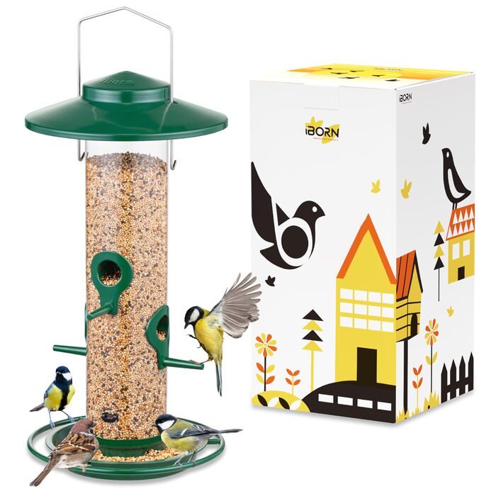 Годівниця для птахів iBorn на відкритий простір – годівниця для птахів з металу, місткість 900г, 4 отвори для годування, чорний/зелений колір