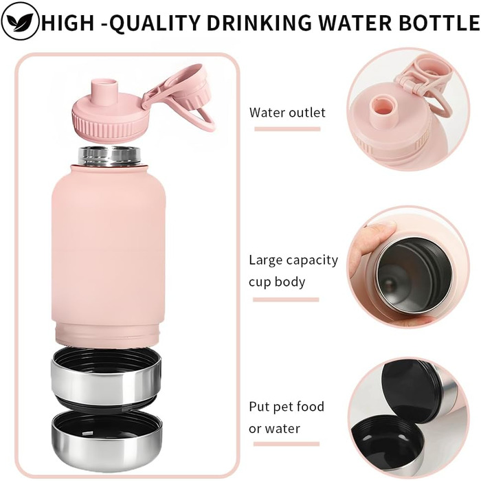 Миска-поїльник для собак 3-в-1 950 мл, рожева. Термопоїльник з мисками для їжі та води. Ідеально для подорожей та прогулянок.