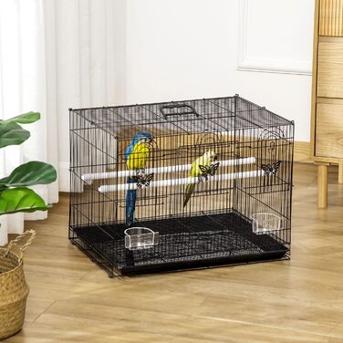 Клітка для птахів PawHut 60x41x41 см, металева, з годівницями, 2 жердинки, 3 дверцята, ручка для перенесення, для маленьких птахів, канарок, папуг, чорна