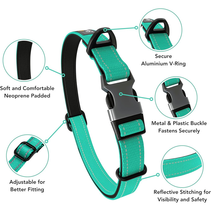 Нашийник для собак середнього розміру, світловідбиваючий, з підкладкою, регульований, металева застібка, кільце з алюмінію, колір Dreamy Aqua