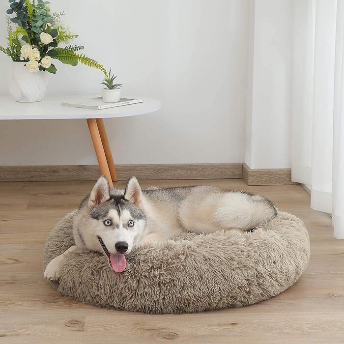 Ортопедичне ліжко для собак XL: кругле, зручне, з ефектом пам'яті, для великих собак (лабрадорів), антистрес, легко миється, світло-коричневе, 60 см