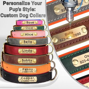 Нашийник та поводок для собак, шкіряний, персоналізований, м'який, з міцним нашийником та індивідуальною табличкою, регульований (M, верблюжий, комплект (S:Neck 23-32cm, Width 1.5cm, помаранчевий та блакитний))