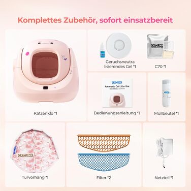 Лотки для котів CATLINK Baymax з автоочищенням, 70л, XXL, 7-рівневий захист від протікання, керування через додаток, розпізнавання кількості котів – підходить для кількох котів, білий (рожевий)