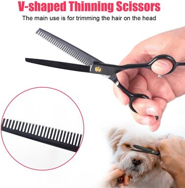 Набір ножиць для собак 7 дюймів, професійний 5-в-1 з нержавіючої сталі, включаючи ножиці для фінальної обробки, вигнуті та прямі ножиці, гребінець для грумінгу, серветка для чищення, кейс для зберігання, регулювальний гвинт, для собак та котів, чорний