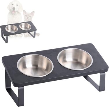 Підвищена годівниця для котів, ергономічна миска для котів, годівниця з кераміки та дерева, піднята годівниця для котів та маленьких собак (Noir - нержавіюча сталь)