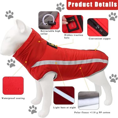 Зимова куртка для собак, тепла водонепроникна куртка для середніх та великих собак. Підходить для Лабрадорів, Бульдогів, Самоедів. З флісовою підкладкою та світловідбиваючими елементами. Розмір 6XL/68см, червоний колір