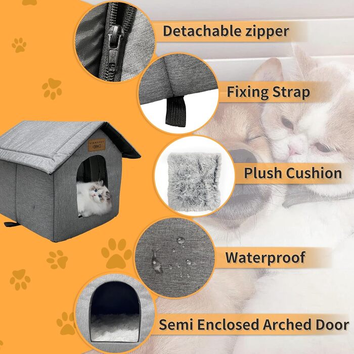 Vinnypet Будиночок для котів і собак, утеплений, водонепроникний, для вулиці, з плюшевою подушкою, зимовий, 45x40x45 см