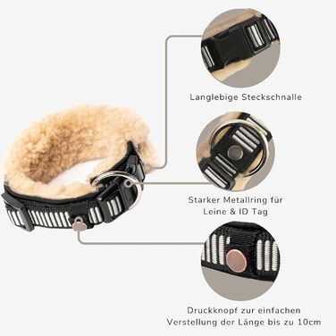 Нашийник для собак Chris з ланолінової вовни, зменшує випадіння шерсті, з підкладкою, світловідбиваючий, регульований, для собак малих, середніх та великих порід, розміри M (35-45см), XL (55-65см), L (45-55см), колір: кремовий