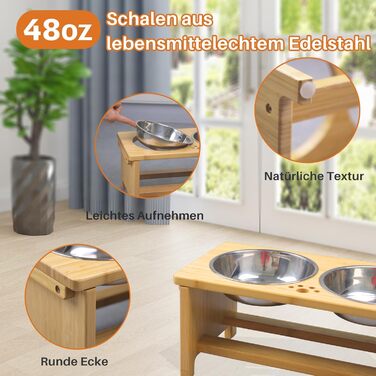 Підвищені годівниці для собак HTB, бамбук, 2 нержавіючі миски, 44x24x18 см, 18 см висота, для собак середніх та великих порід