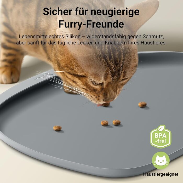 Підкладка під миску для котів DownyPaws, силіконова, 62 x 43 см, сіра, з високим бортиком проти розливання, BPA-free