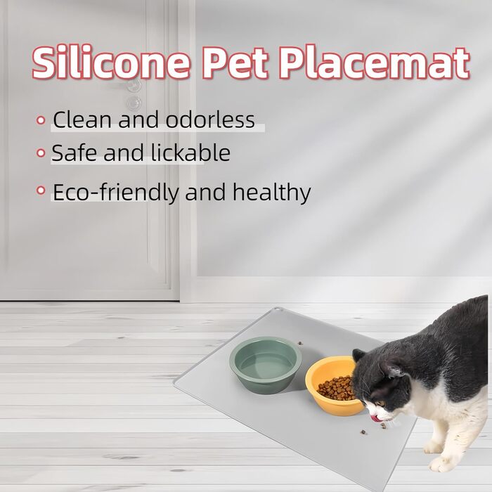 Силіконова килимок для годування домашніх тварин, 50,8 x 40,6 см, вологостійкий, для собак та котів, з антиковзаючою основою, з бортиками, легко миється, сірий