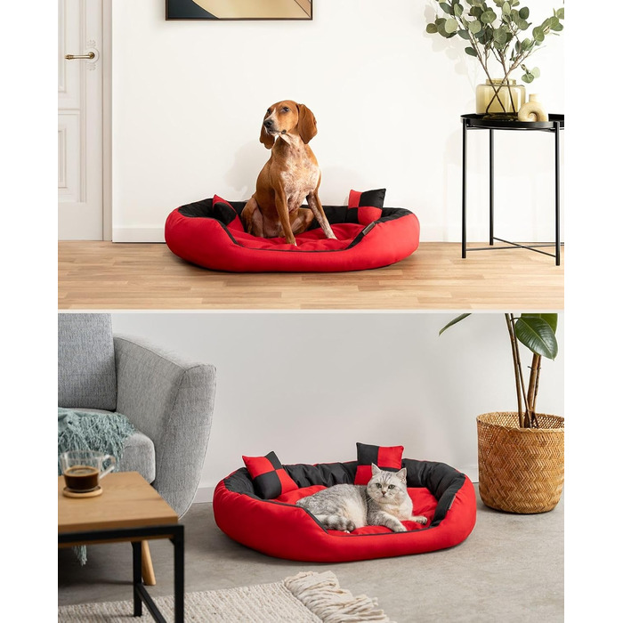 Килимок для собак Lionto 4-в-1 з двостороннім подушкою, 85x70 см, міцний оксфорд, водонепроникний, для собак та котів, з декоративною подушкою, червоно-чорний