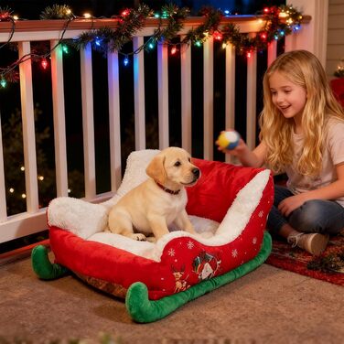 Ліжко для тварин у вигляді санча, 64x45x33 см. Зимове ліжко для собак, ліжко-санча для тварин, подушка-санча на Різдво. Для дому, балкону, внутрішнього та зовнішнього використання.