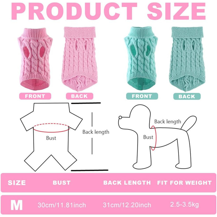 2 шт. Пуловер для собак - теплий зимовий вовняний пуловер з коміром-горловиною для маленьких собак, зручний в'язаний одяг для такс та цуценят, в'язаний пуловер для маленьких порід собак, для дому та вулиці, синій/рожевий