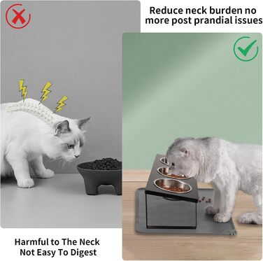 Підвищена годівниця для котів з килимком, нахилена під кутом 15°, миска для їжі та води, що запобігає блювоті, 2 шт. з нержавіючої сталі для котів та цуценят (Сірий) Сірий-2 миски (Чорний-3 миски)