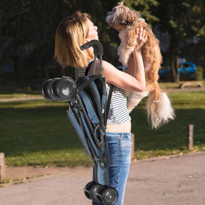 Дитяча коляска 3-в-1 для собак та котів, складна, 6 коліс, дихаюча сітка, (Морський колір)