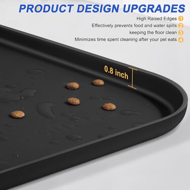 Силіконовий килимок для корму домашніх тварин з піднятим бордюром, миски для собак та котів, килимок-підставка для годівниці з високим бордюром, водовідштовхувальний, гумовий, 24x16x0,8 см (24 x 16 x 0.8 дюймів, чорний)
