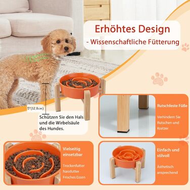 Антислизька годівниця для собак, кераміка, піднята - годівниця для собак на бамбуковому підставці, для повільного годування, для маленьких та середніх собак, білий, діаметр 17 см