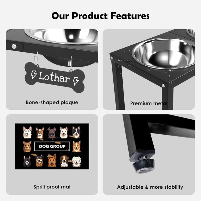 Підвищена годівниця для собак великих та екстра-великих порід, підставка для мисок з нержавіючої сталі (2,863 г) та не проливаючим килимком, годівниця висотою 43 см для великих порід, чорний колір
