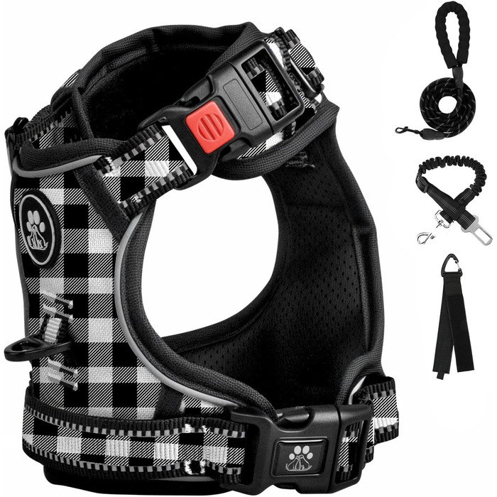 Шлейка для собак середнього розміру FURRYFECTION, антивитягуюча, без обмеження руху, з регулюванням, Oxford ediu (Пlaid, Чорний, M)