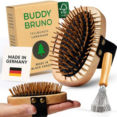Щітка для собак з довгою шерстю - 100% натуральна щетина, Made in Germany. М'яка щітка для видалення підшерстка, розплутування та вирівнювання без вискубування. Змащений дерев'яний грифель FSC® + додатковий засіб для чищення щітки