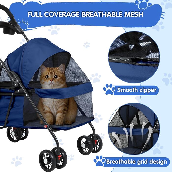 Дитяча коляска для тварин 4-Rad, синього кольору. Легка коляска для собак та котів з поворотними колесами та дихаючим мережевим покриттям. Ідеально для прогулянок та подорожей.
