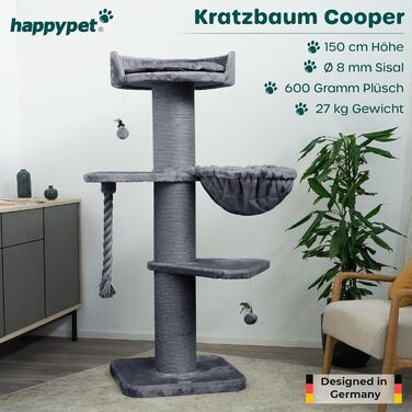 HAPPYPET Premium Котячий Дерево Cooper 150 см для великих котів, кішок Мейн-кун, стовбури 20 см, натуральний сизаль, сірий, стійкий когтеточка-клітер для котів
