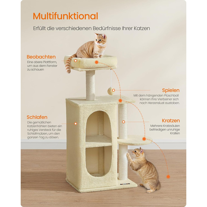 Дряпка для котів Feandrea, кігтеточка з 2 будиночками, кігтеточки, для багатокотових сімей, кошенят, PCT005G01 (пісочно-бежевий)