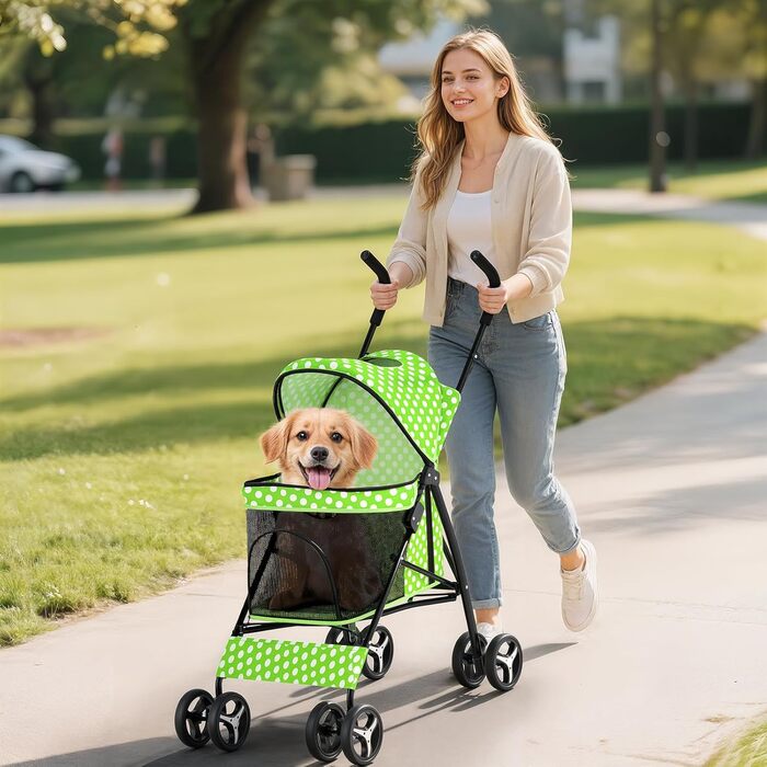 Візок для собак маленьких порід, 4,5-10 кг, візок для цуценят, візок для середніх собак, візок для котів, візок для 2 котів, задній простір для зберігання, леопардовий принт (зелені крапки)
