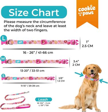 Нашийник і повідок для великих собак Cookie Paws, м'який неопрен, зручний, регульований, швидка застібка, міцний, дихаючий, легко чиститься, рожевий з пончиками, стильний