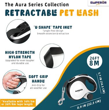 Рулетка для собак Emperor Pets Aura BW26, біла, до 50 кг, міцна, з антиковзною ручкою та світловідбиваючою стрічкою, для середніх і великих порід