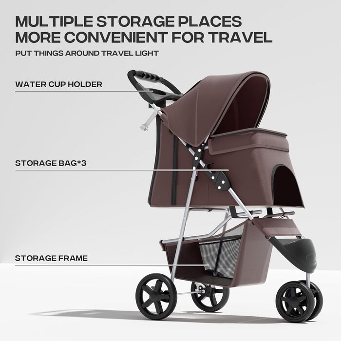 Візок для тварин: для собак та котів, 3 колеса, складна конструкція, з кошиком та тримачем для напоїв