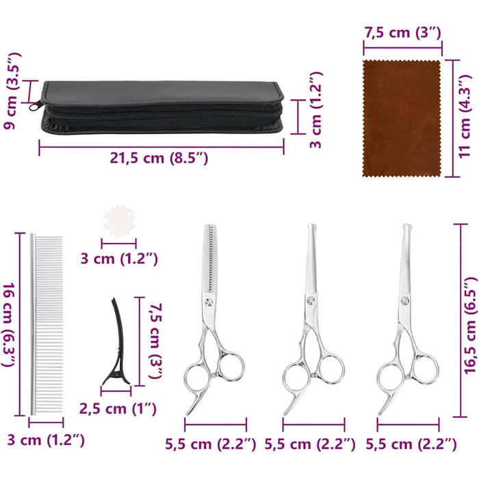 Набір професійних ножиць для собак з нержавіючої сталі - для всіх порід - з витончувальними ножицями, гребінцем та регулятором