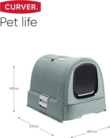 Туалет для котів Curver Petlife з кришкою та лопаткою, сучасний дизайн під ротанг, сірий-синій, 51,5x38,5x40 см