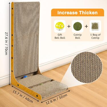 Кігтеточка для котів, 70 см, L-подібна конструкція, з іграшками, щільне гофрокартон, для захисту стін та диванів