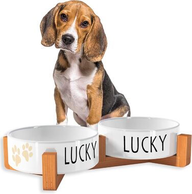 Персоналізована миска для собак OWLBOOK з ім'ям - подвійна керамічна миска з бамбуковим підставкою, 300 мл