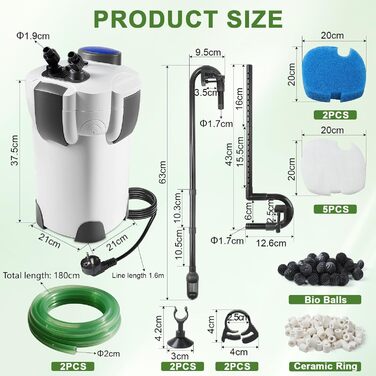 EXLECO Зовнішній фільтр для акваріума з УФ-лампою 1400л/год, 35W. Фільтр для акваріумів до 300л, регульований. Потужний каністровий фільтр з 3 ступенями очищення, фільтр-камера з фільтрувальним матеріалом, шланг HW-302B (1400л/год/2.0м/35W)