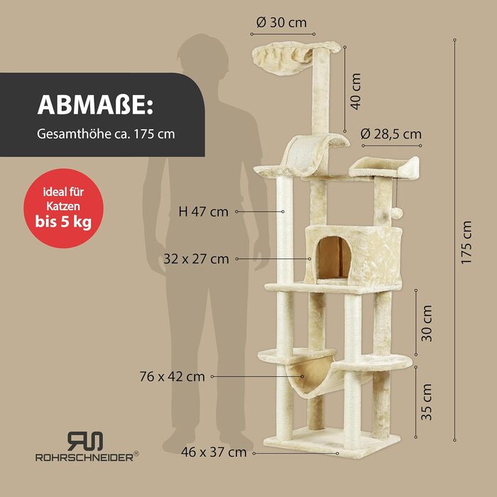 Дряпальня для котів Rohrschneider Katzenbaum Travel XL з іграшкою та гамаком - стабільна кігтеточка для великих котів, бежева