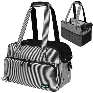 Сумка-переноска для тварин PetAmi, м'яка, з кишенями, для собак, кошенят та великих котів, дозволена для перельотів, з дихаючою сіткою, дозатор для відходів, до 8,2 кг, в смугастих кольорах, чорно-біла