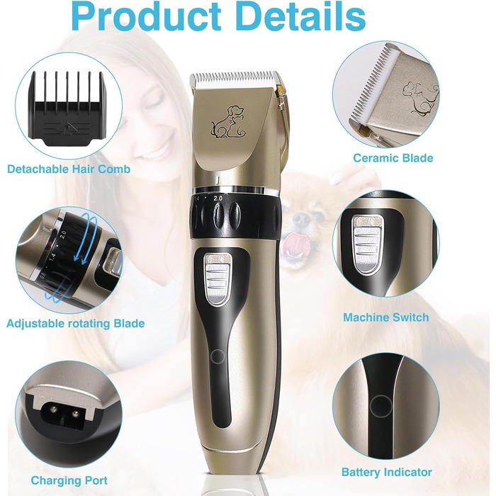 Машинка для стрижки собак, акумуляторна бездротова з 4 насадками, для собак, котів та всіх типів шерсті