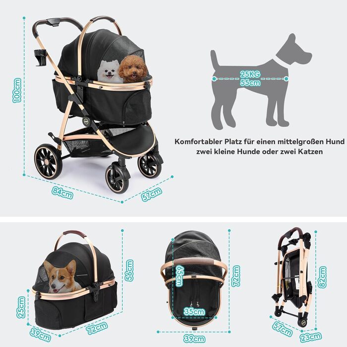 Візок для собак DAISTERN, чорний, до 25 кг, 4-в-1, алюмінієвий, з поворотним колесом EVA та гальмом