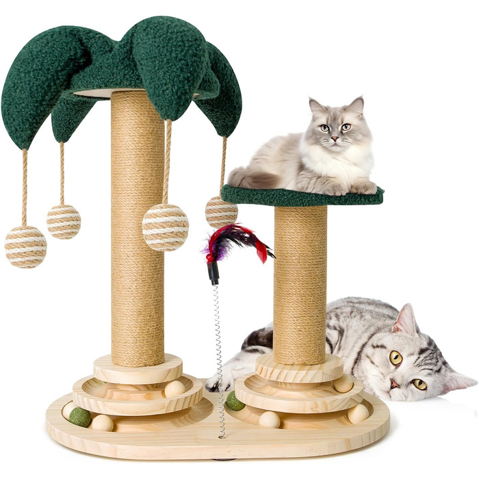 Інтерактивне котяче іграшкове комбо 6-в-1: дерев'яні меблі, кулі, пір'я, м'яч-трекер, котячий когтеточки з сизалю та джуту. Підходить для маленьких та середніх котів. Зелений колір.