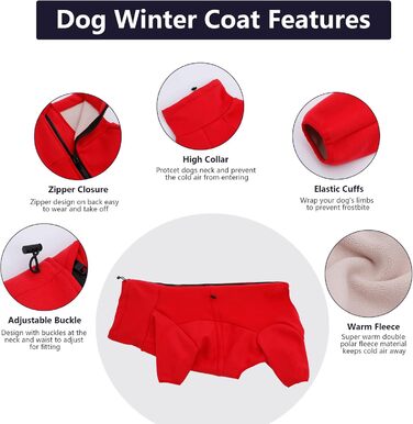 Теплий флісовий халат для собак, цільнотілий, з чотирма лапами, з регульованим капюшоном та блискавкою, зимовий одяг, ідеально підходить для собак у приміщенні та на вулиці, для малих, середніх та великих собак, червоний