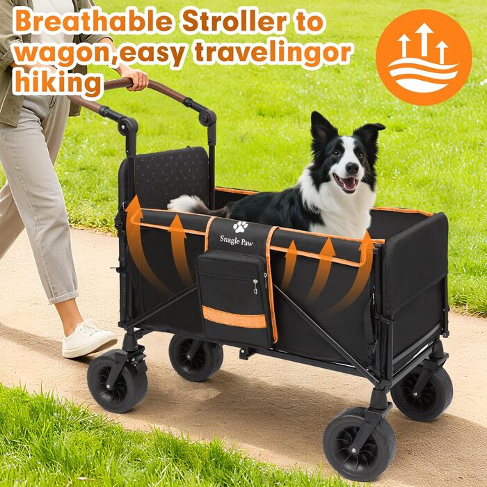 Трансформер для собак великих порід Snagle Paw з дверцятами та рампою, складний, для будь-якого рельєфу, з кишенями для зберігання, регульованою ручкою та гальмом, чорний/помаранчевий