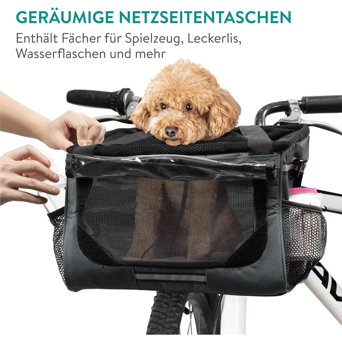 Корзина для собак Navaris на велосипед, спереду - сіра, до 10 кг, з додатковими кишенями