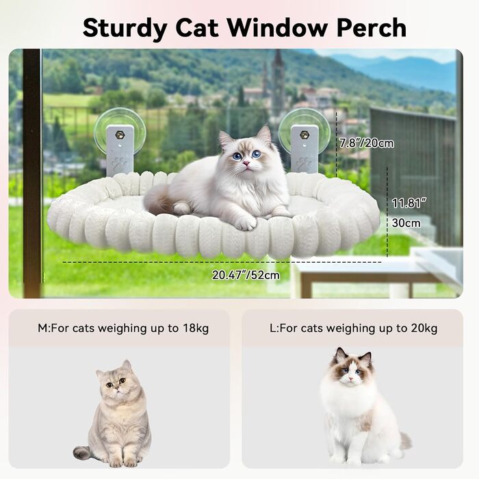 Килимок для котів на вікно CareCooo, лежанка для котів на вікно з м'яким знімним чохлом, стабільна лежанка для котів на вікно до 18 кг, розмір M (52x30 см), білий