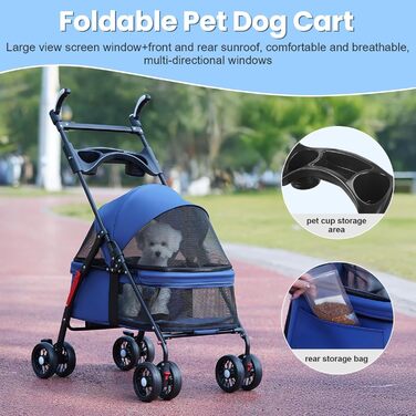 Складаний візок для собак з 4 колесами та дихаючою сіткою - Легкий транспортний візок для маленьких собак та котів до 10 кг, з регульованим сонцезахистом, тримачем для напоїв та страхувальним ременем (Блакитний)